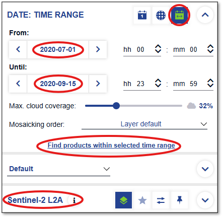 Time range and cloud coverage filter settings